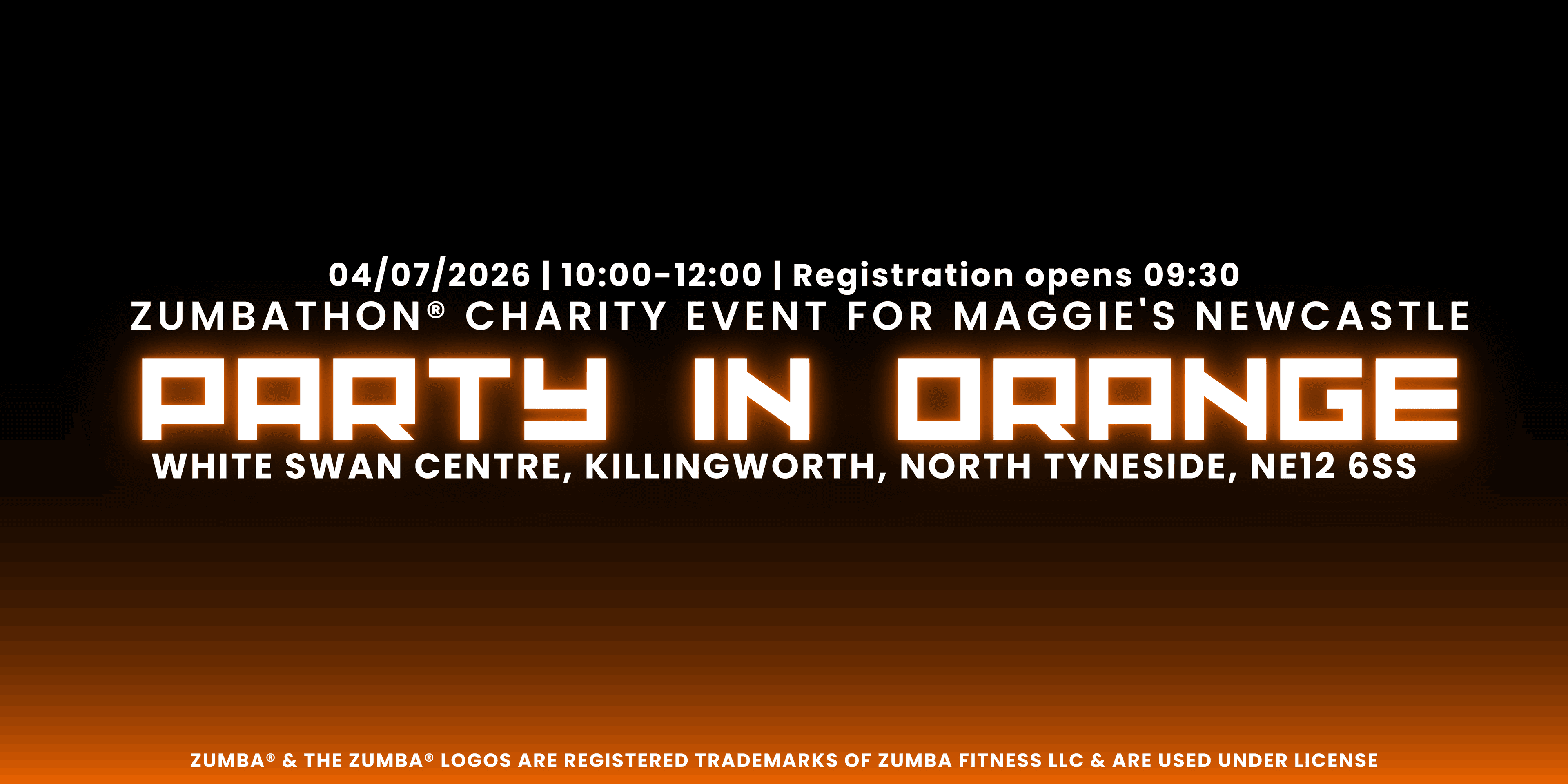 A flier for a 'Zumbathon Charity Event for Maggie's Newcastle' on July 4, 2026, from 10:00-12:00, with registration opening at 09:30, at the White Swan Centre, Killingworth.