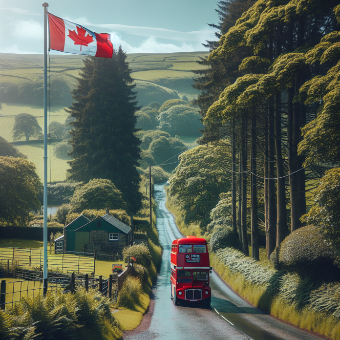 red british bus with a canada flag nearby in british countryside (Newcastle upon Tyne)