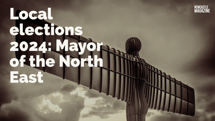 Angel of the North sculpture under a clear sky with text 'Local Elections 2024: Mayor of the North East', photo by Alan Dobson on Pixabay.