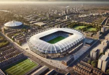 St James’ Park at Stake: Saudi Owners Face Historic £1.6bn Decision on NUFC’s Spiritual Home A photorealistic high-resolution featured image of St James' Park, inspired by various architectural references. The stadium is shown in a dynamic lan