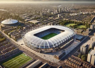 St James’ Park at Stake: Saudi Owners Face Historic £1.6bn Decision on NUFC’s Spiritual Home A photorealistic high-resolution featured image of St James' Park, inspired by various architectural references. The stadium is shown in a dynamic lan